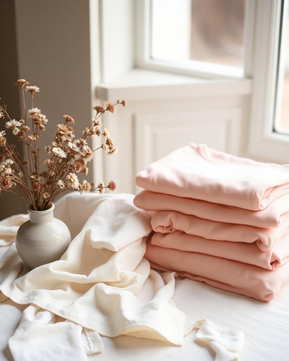 Neatly folded garments and fabric swatches in the Tee Boutique studio