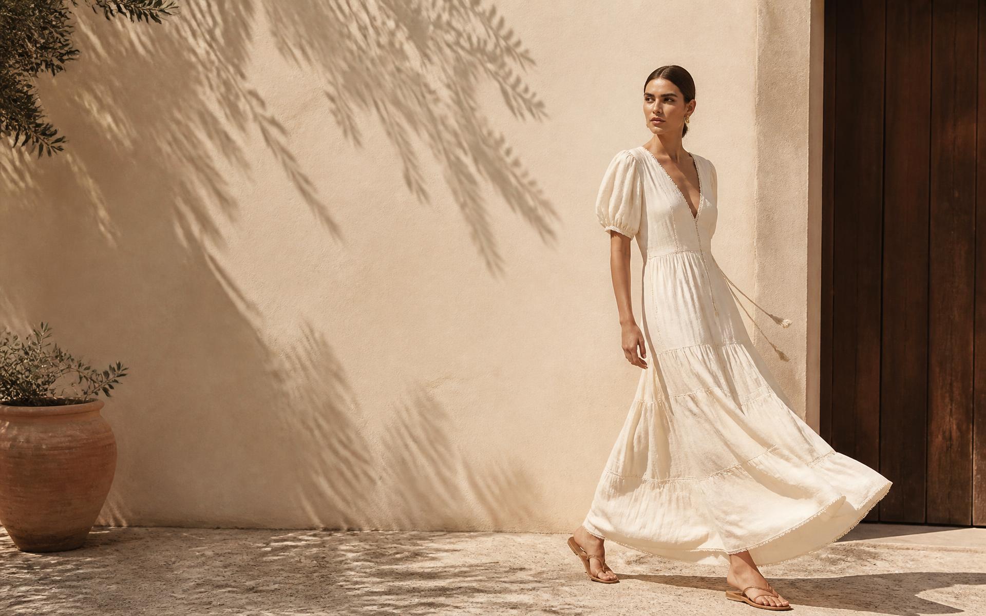 Model wearing a soft neutral linen set from Tee Boutique